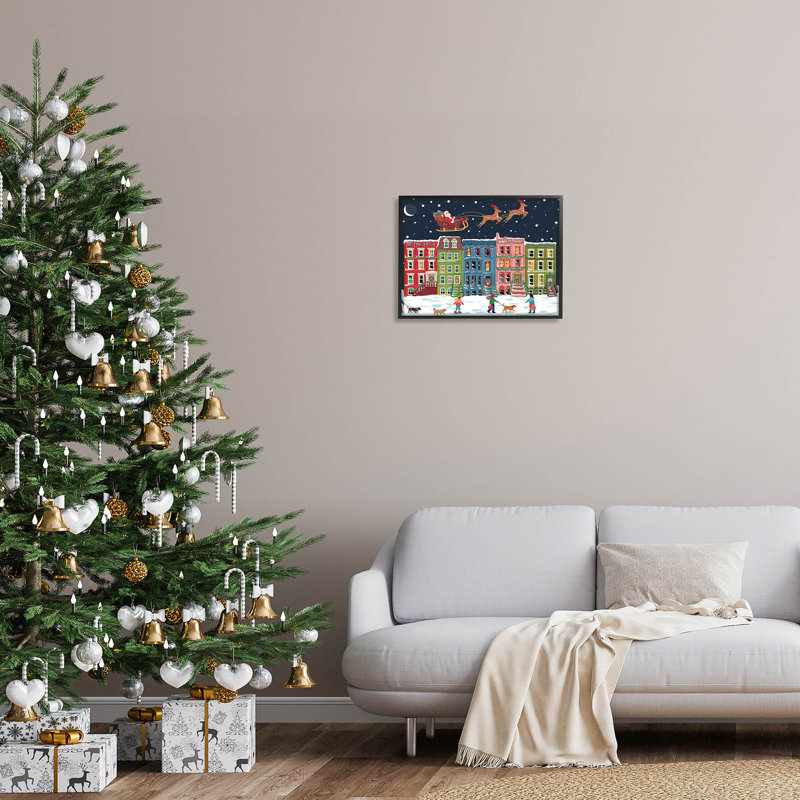 Snowy Christmas Town Santa at-247, Giclée encadrée noir minuit, H 16 po x l 20 po x P 1,5 po