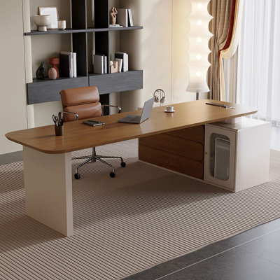 Brown + Beige-white L-Shaped Solid + Manufactured Wood + Glass with 3 drawers desk