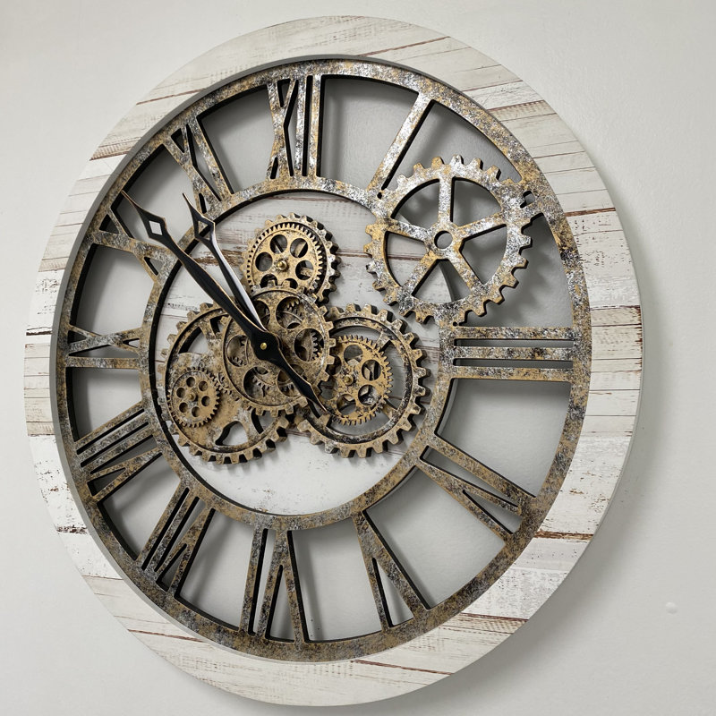 Oversized Desert Beige and Bronze Industrial Wall Clock with Real Moving Gears