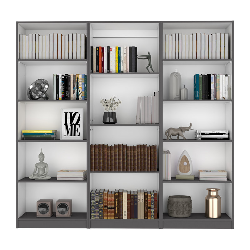 Bartow 3 Piece Home Bookcase Set, 74" Wide With 14 Shelves ,  Living Room Set Set Matt Gray - White