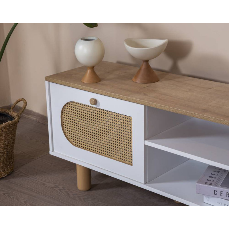 Modern TV Stand with Soft-Close Doors, White & Oak Finish, 70.9 x 21.7 x 15.7 inches | 100% MDF with Hornbeam Wood Legs & Handles | Wall-Mountable Design, Ample Storage with Multiple Shelves, Scandinavian Style