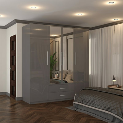 Modern 4 Door High Gloss Wardrobe with Mirror, Storage, Drawers, Shelves & Hanging Rails, White/Black/Grey | Bedroom Cupboard