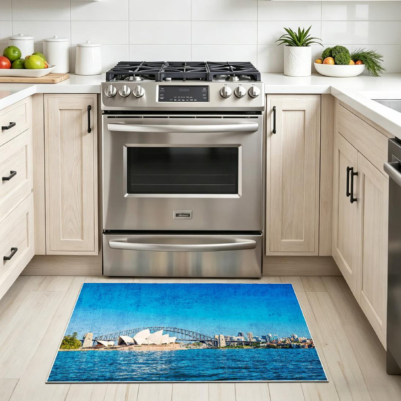 Tapis bleu bleu lavable à la machine Sydney House, Rectangle 32" x 47"