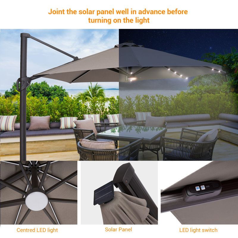 Parasol à DEL déporté Darcie-May de 3,35 m (11 pi) avec base, parasol extérieur toutes saisons pour terrasse, jardin et cour.