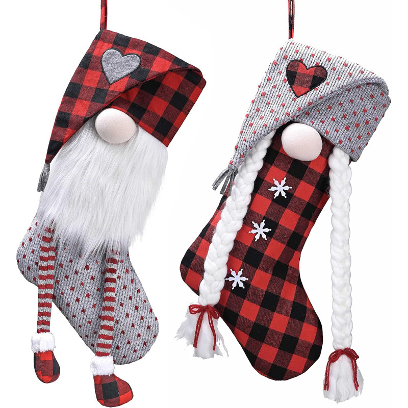  Ensemble de 2 bas de Noël à visage de gnome de 21 pouces, lot de 2 bas de cheminée personnalisés en peluche exquis pour les décorations de Noël et les cadeaux de Noël