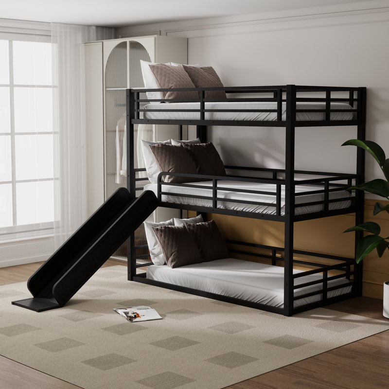 Twin Xl Over Twin Xl Over Twin Xl Metal Triple Bunk Bed With Ladder And Slide