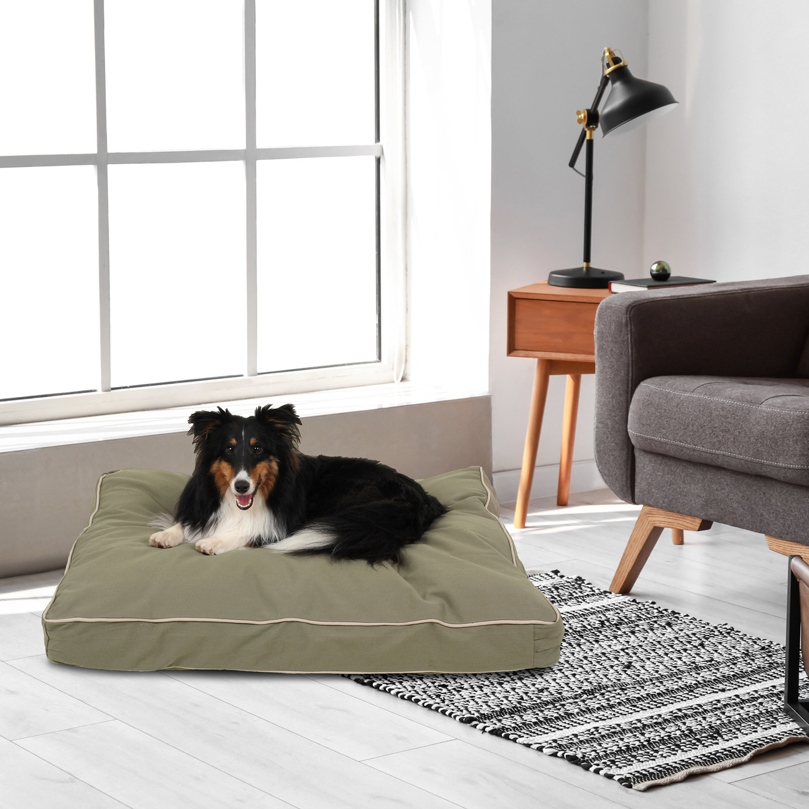 Orthopedic Foam Pet Bed with Washable Cover, Small (36" W x 27" D x 4" H), Sage/Khaki