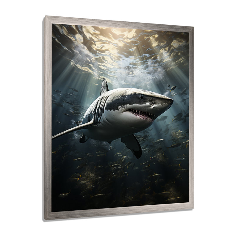 Grey Shark The Majesty - Marine Animals Large Wall Art, 40" H x 30" W x 1.5" D, Silver Single Picture Framed