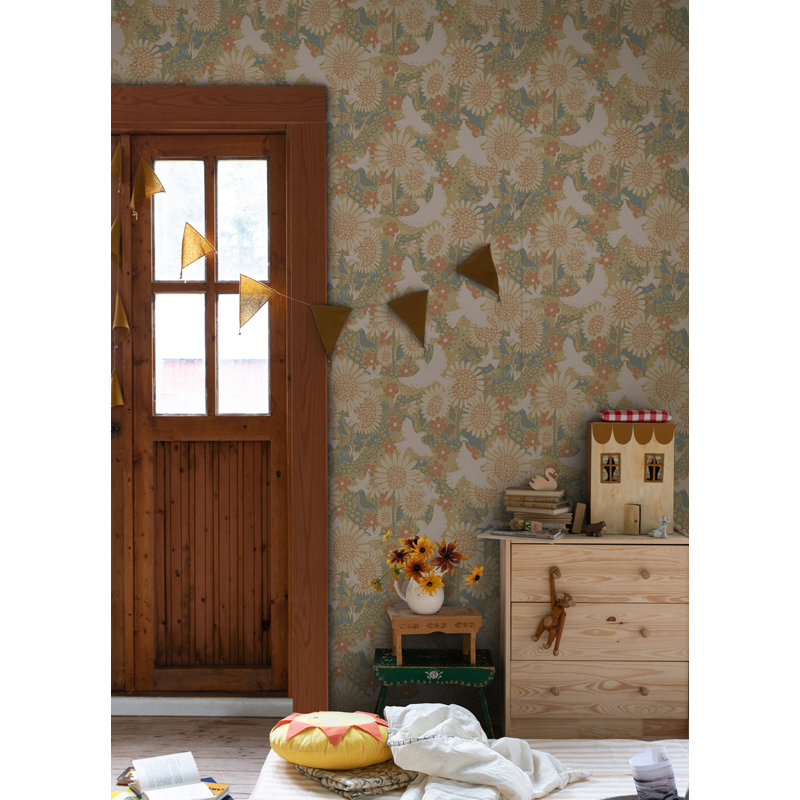 Papier peint Drmma gris clair avec oiseaux chanteurs et tournesols, Corail et jaune