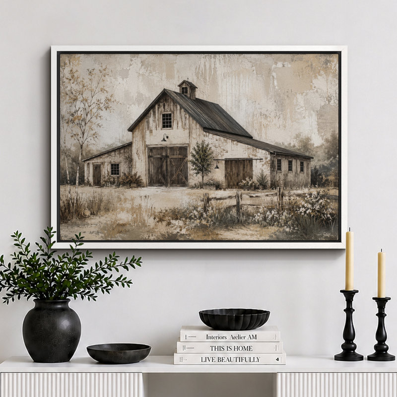 Œuvre d'art de campagne de grange blanche rétro, photos de salon rustique, impression sur toile encadrée, Cadre blanc