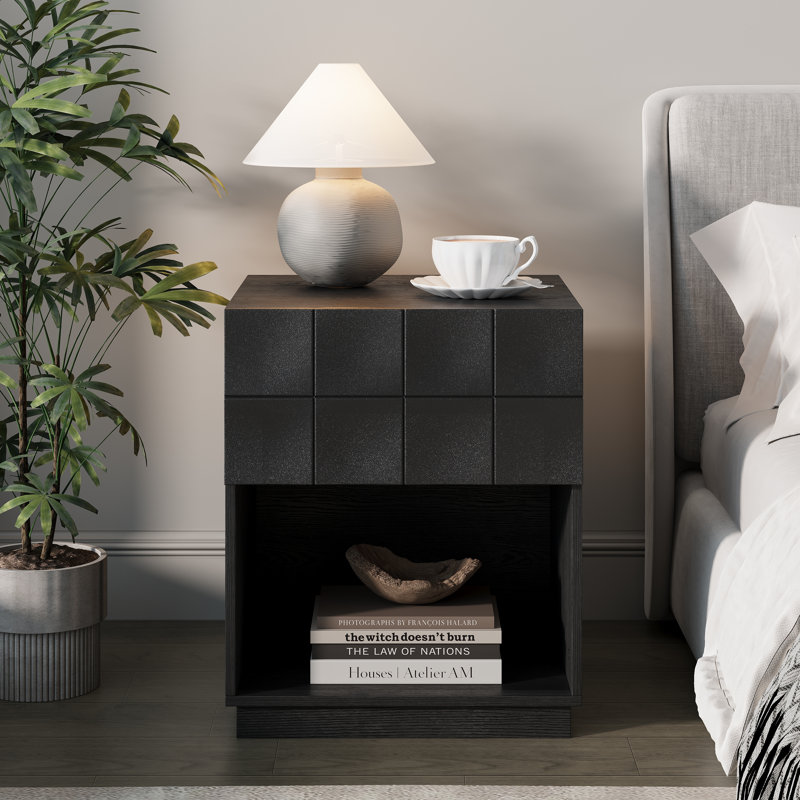  Nightstand,Modern Wooden Bedroom Storage End Table With Drawer And Open Shelf,Bedside Table Night Stand For Bedroom,Living Room,Black
