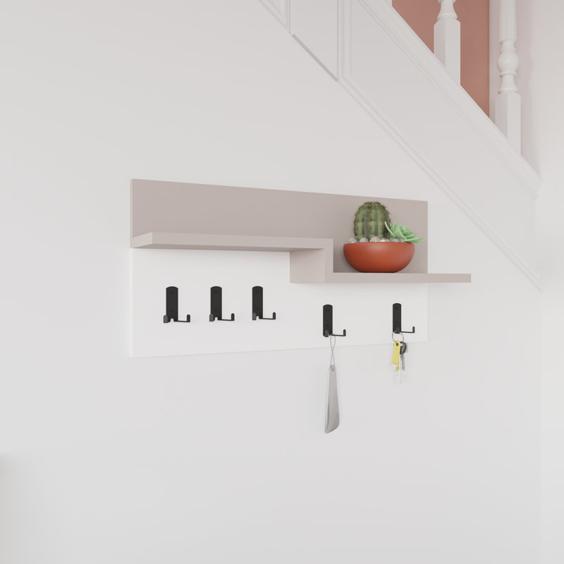 Paten Wall Mounted Coat Rack with Shelf and 5 Hooks, Light Mocha/White