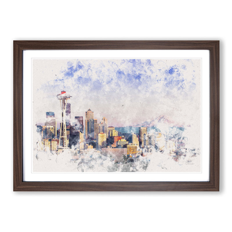 Seattle Skyline - Picture Frame Painting Print, 62cm H x 87cm W x 2cm D, Walnut Framed