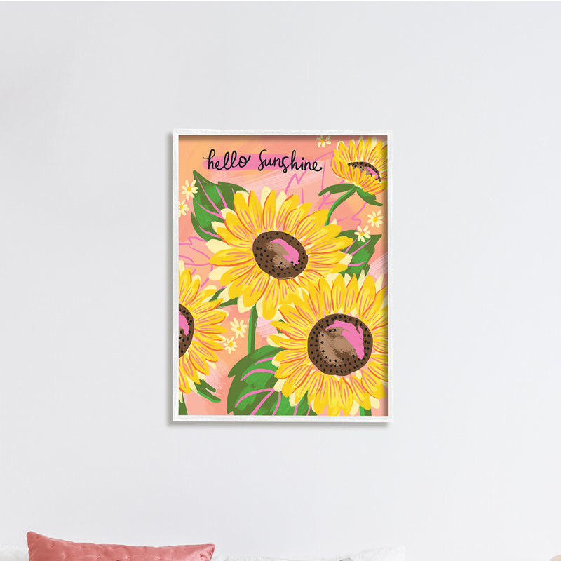 «Hello Sunshine Sentiment Blush», tournesols jaunes, petites marguerites par Deborah Curiel, Giclée encadrée noir minuit