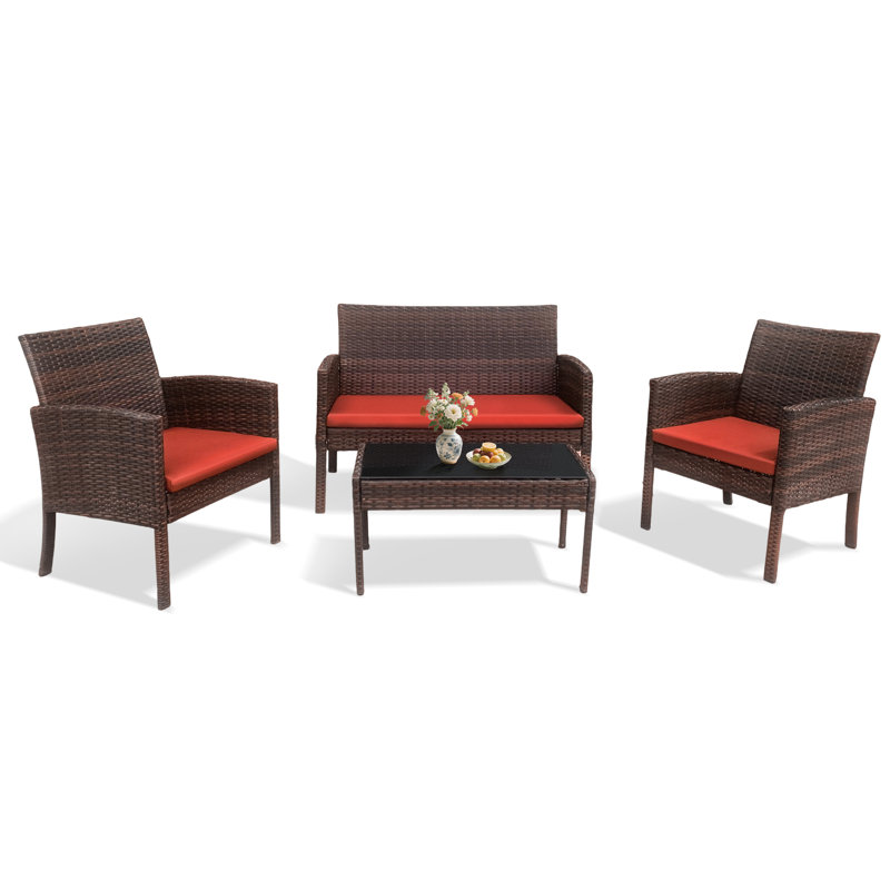  Ensemble de mobilier d'extérieur 4 pièces, chaise en rotin à dossier haut avec coussins et table en verre trempé