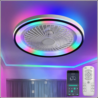 19 Inch RGB Dimmable Led Enclosed Ceiling Fan With Light Flush Mount Bladeless 6 Speed Remote Control For Bedroom Party