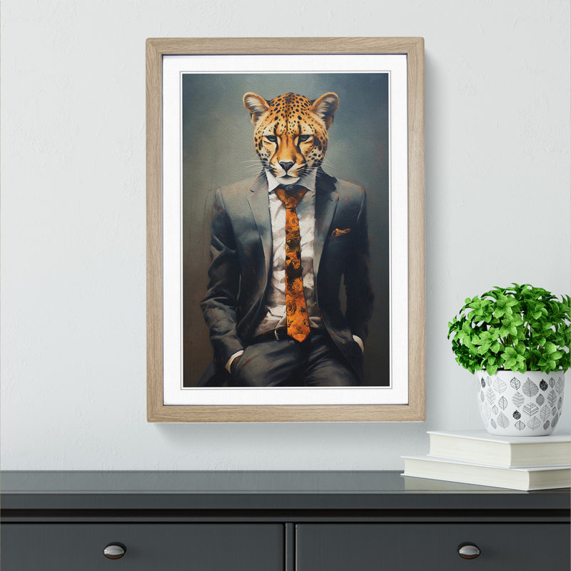 Cheetah In A Suit No.4 - Single Picture Frame Print on Wood, 34cm H x 25cm W x 2cm D, Oak