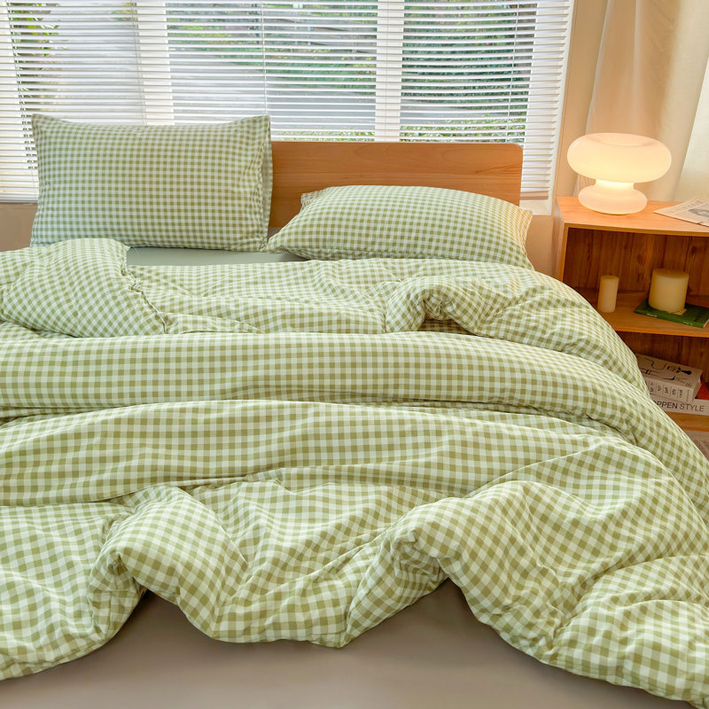 Ensemble d'édredon en microfibre prélavée Gingham, Édredon très grand et 2 taies d'oreiller, Vichy écossais vert