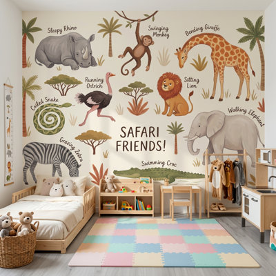 Papier peint safari, décoration murale pour chambre d'enfant amovible