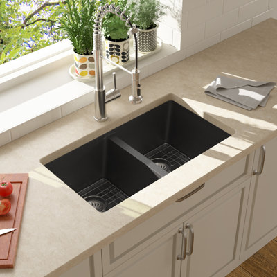 33"" L x 19"" W Undermount Quartz Double Bowl 50/50 Kitchen Sink Double Bowl Granite Composite Sink -  Lordear, SYS33G2B