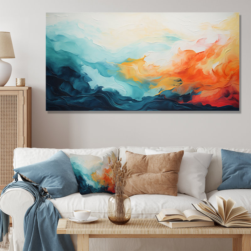 Azur bleu jaune fusion 1 - art mural abstrait, Toile tendue, H 28 po x l 60 po x P 1,5 po