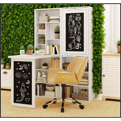 Fold-out Convertible Office Desk, Wall Mount Computer Desk with Adjustable Shelves and Writing Blackboard for Space-Saving and Versatility