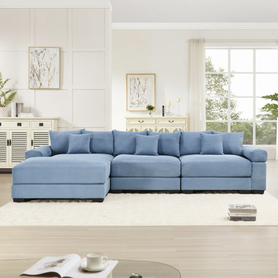 130" Cloud Modular L-Shape Sectional Couch, Soft Corduroy Fabric,With An Ottoman, Deep Seat Wide Armrest Ergonomic Design 9 Pillows Easy Assembly,For Living Rooms Bedroom