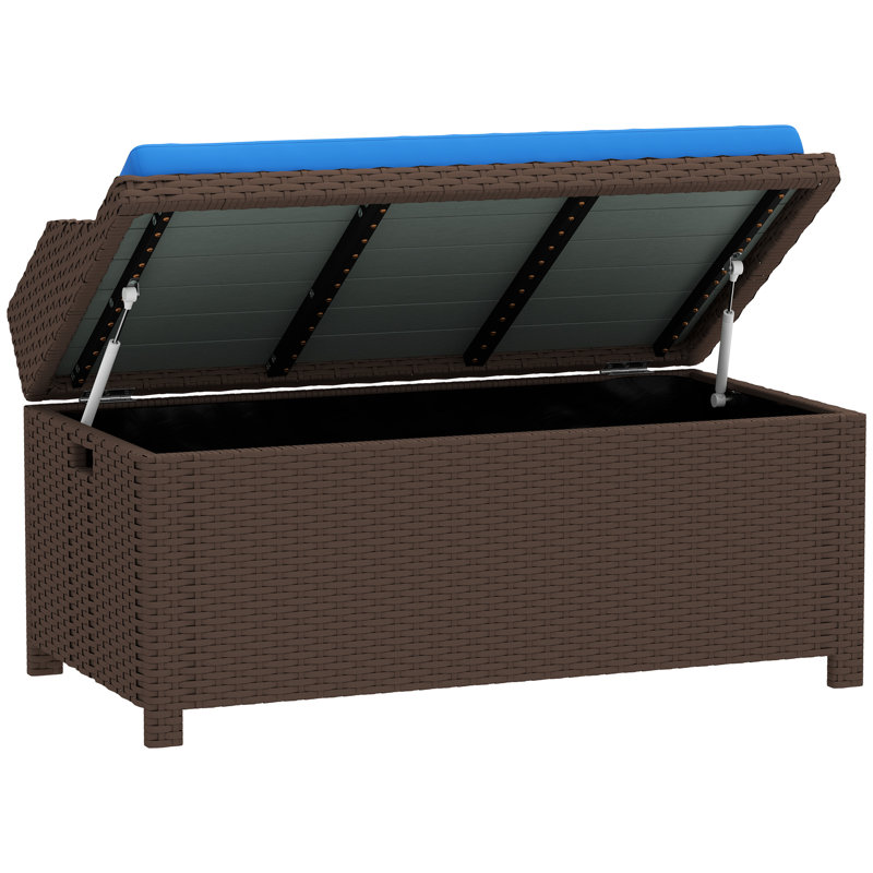 Banc de rangement extérieur en osier avec rangement et coussin, bleu, Bleu / noyer