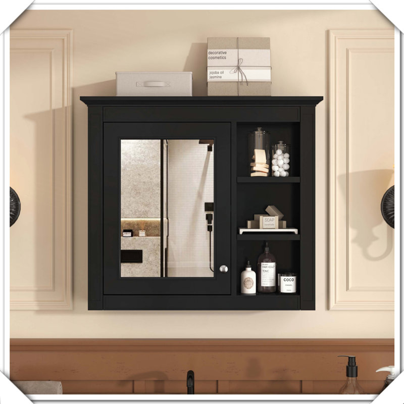 Armoire à pharmacie murale avec miroir et 3 tablettes de rangement ouvertes, Black