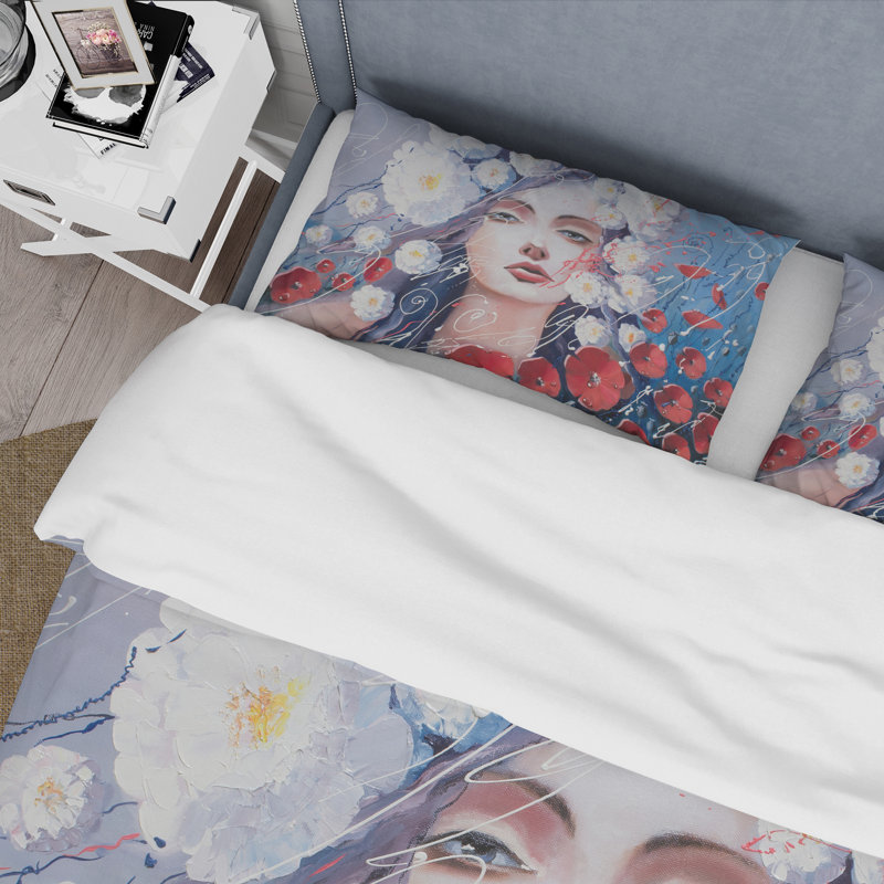 Portrait Of A Young Woman With Red & White Flowers - Traditional Polyester Duvet Cover Set