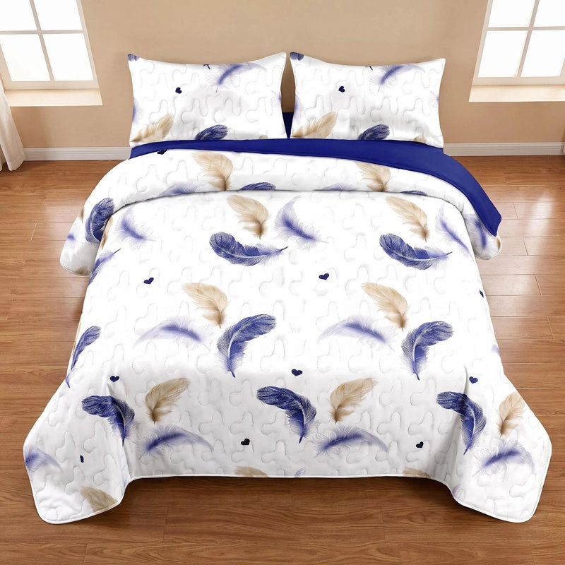 Ensemble de couette réversible 3 pièces en microfibre bleu marine et or à plumes avec 2 taies d'oreiller, Très grand lit