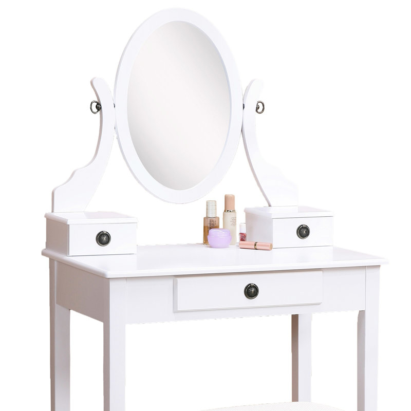 Élégante coiffeuse en bois blanc avec tabouret rembourré avec 3 tiroirs et coiffeuse miroir avec rangement en bois, Blanc
