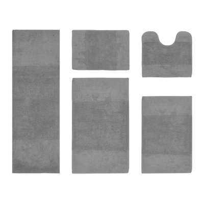 Ensemble de tapis pour salle de bain 5 pièces Makaylynn 100% coton 2155 g / m², certifié OEKO-TEX®, envers en latex antidérapant, touffeté moelleux, super absorbant et lavable à la machine pour salle de bain, douche, baignoire et meuble-lavabo, gris