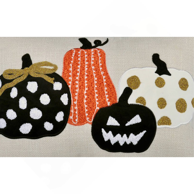 Coussin décoratif brodé d'Halloween avec motif citrouille et pois effrayants, housse de coussin en lin mélangé avec garniture pour la décoration d'automne
