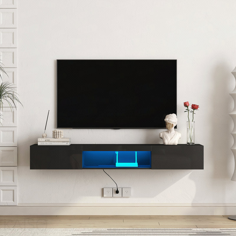 Meuble télé flottant fixé au mur avec 16 lumières à DEL, centre de divertissement moderne, Noir