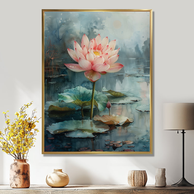 Rose, rose, vert, sacré, fleur, salon, lotus, Cadre flottant doré, H 12 po x l 20 po