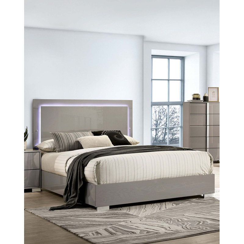 Grand lit contemporain avec tête de lit à DEL intégrée, Taupe, Grand lit