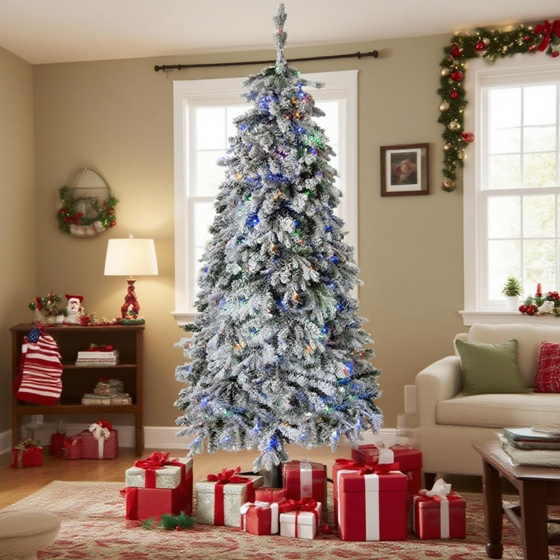 Arbre de Noël artificiel pré-éclairé enneigé avec embouts de branches - Arbre de Noël réaliste pour Noël, H 7 pi