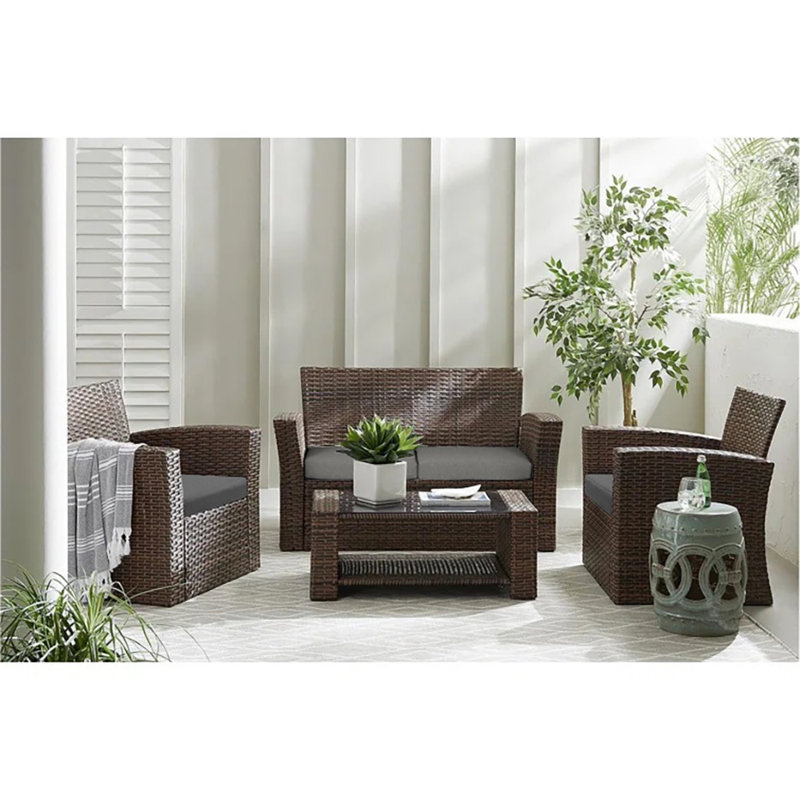 Tisdale 4-Piece UV Resistant Outdoor Conversation Set with Cushions, Gray Performance, Brown
