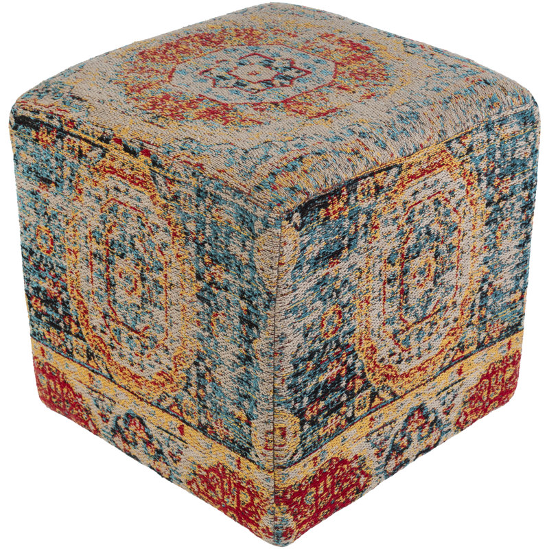 Malia Upholstered Pouf, Blue/Yellow