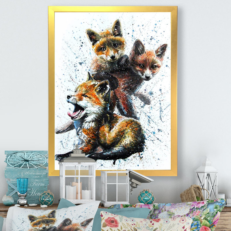Petits renards - peinture, H 40 po x l 30 po x P 1,5 po, Cadre photo doré