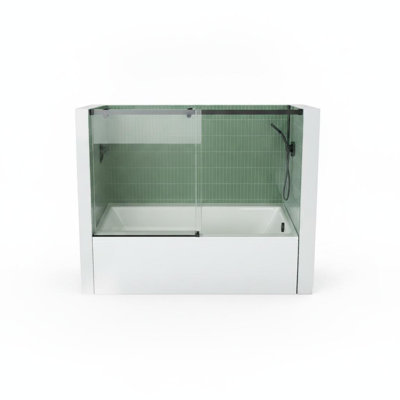 Porte de douche coulissante 60 po x 59 po, porte de douche en verre sans cadre avec rail rond en acier inoxydable, verre trempé de 8 mm, finition noir mat pour les salles de bain modernes