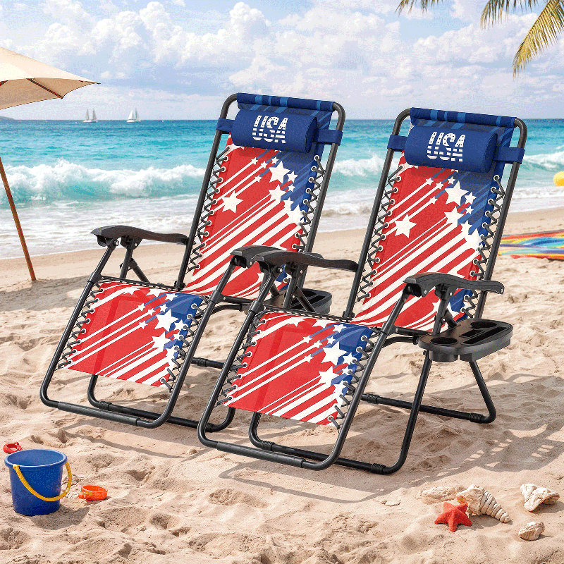 Zero Gravity Lounge Chairs Set of 2 Adjustable Folding Recliners with Side Tray & Pillow Outdoor Patio Loungers for Lawn Camping Beach