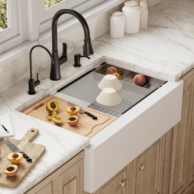 Karran Quartz 34'' X 21-1/4'' Single Bowl Farmhouse Apron Front Workstation Kitchen Sink, White