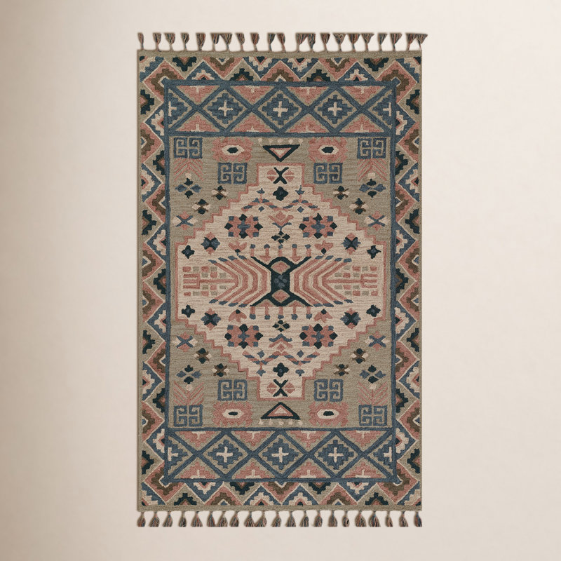 Anine Gray Teal Hand-Tufted Southwestern Wool Rug, Runner 2'3" x 8'