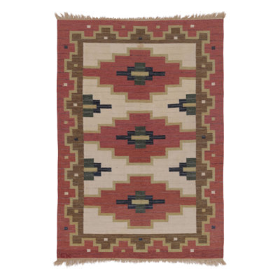 Vintage Swedish Rya Flatweave, Beige With Red Geometric Medallion - Rug & Kilim