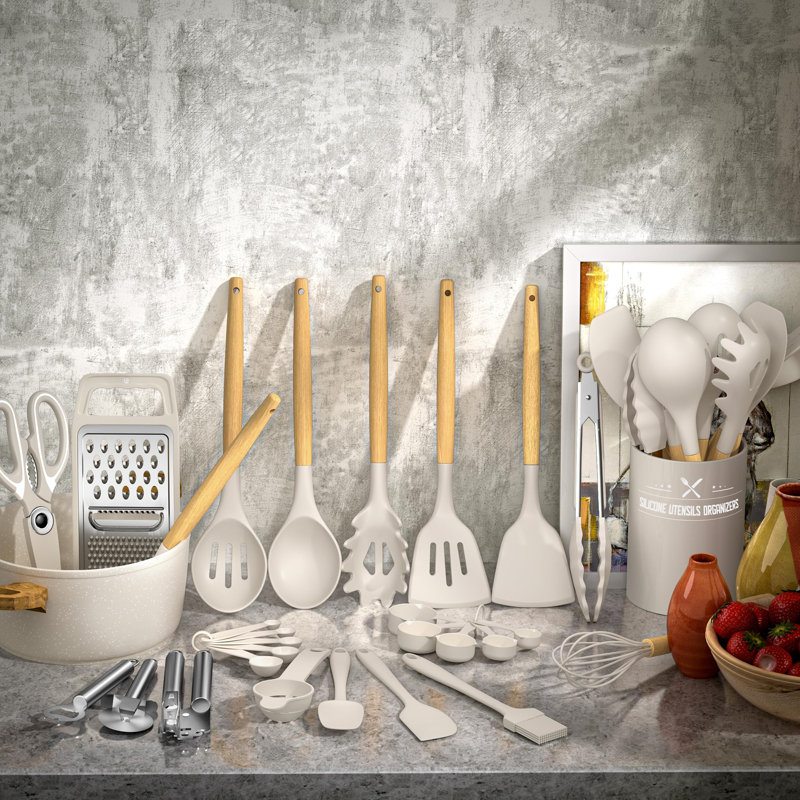 Chef Silicone Kitchen Utensil Set, 34PCS Heat Resistant Kitchen Gadgets and Tools With Grater, Wood Handles for Nonstick Cookwar