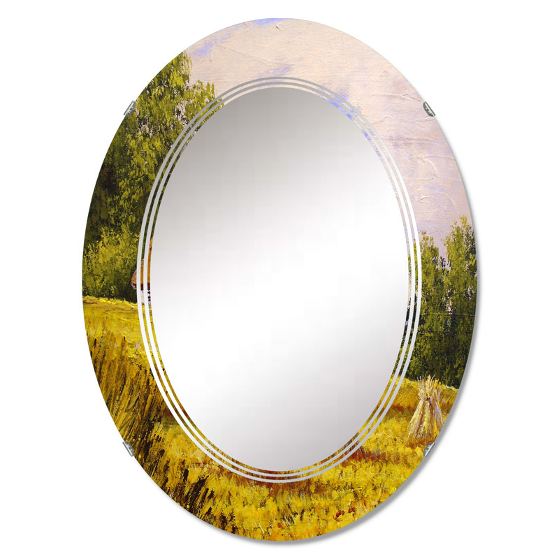 Petite maison dans la campagne pendant la récolte - Miroir mural ovale, 30 po x 20 po