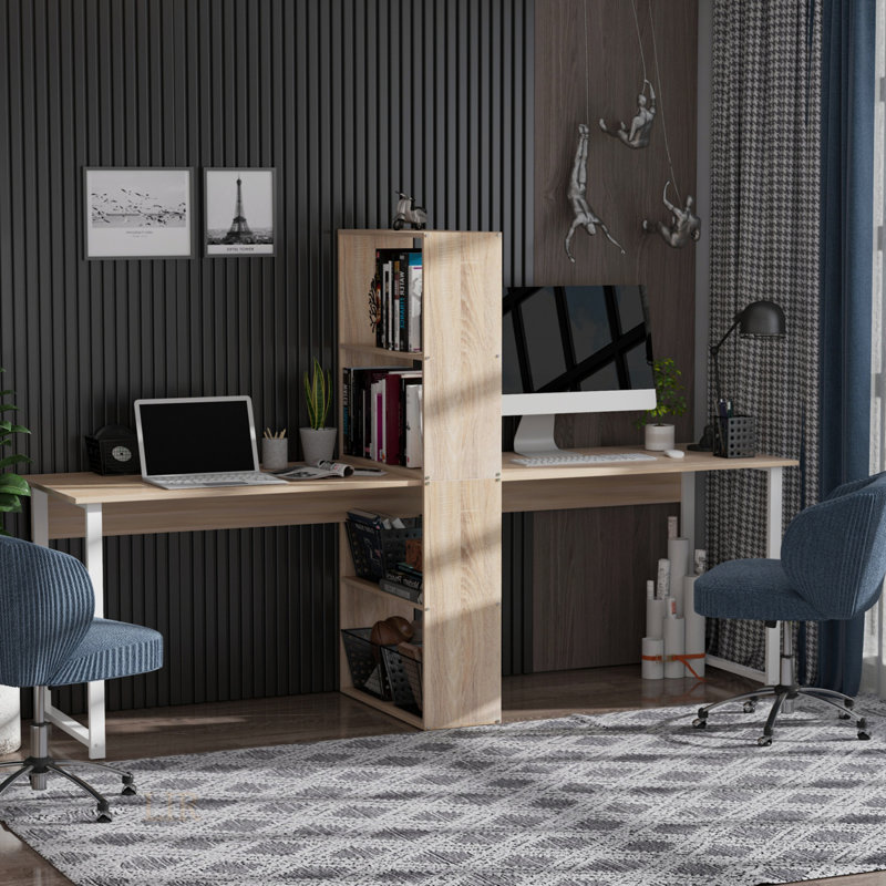88 Inch Extra Long 2-Person Computer Desk With Storage Shelves, Double Workstation For Home Office And Study