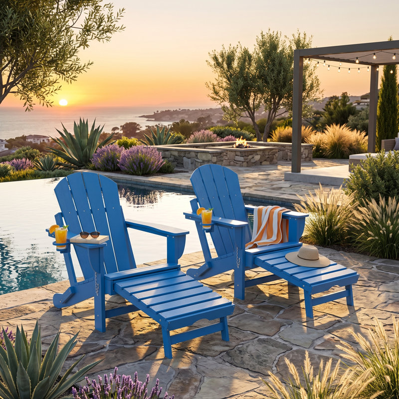 Ensemble de 2 chaises pliantes Adirondack, chaise de foyer en PEHD avec porte-gobelet, bleu, Blue